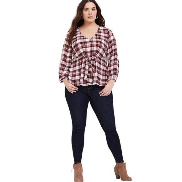 Torrid Georgette Tie-Front Blouse, Red Plaid Long Sleeve V-Neck Women's Size 3 - Picture 13 of 13